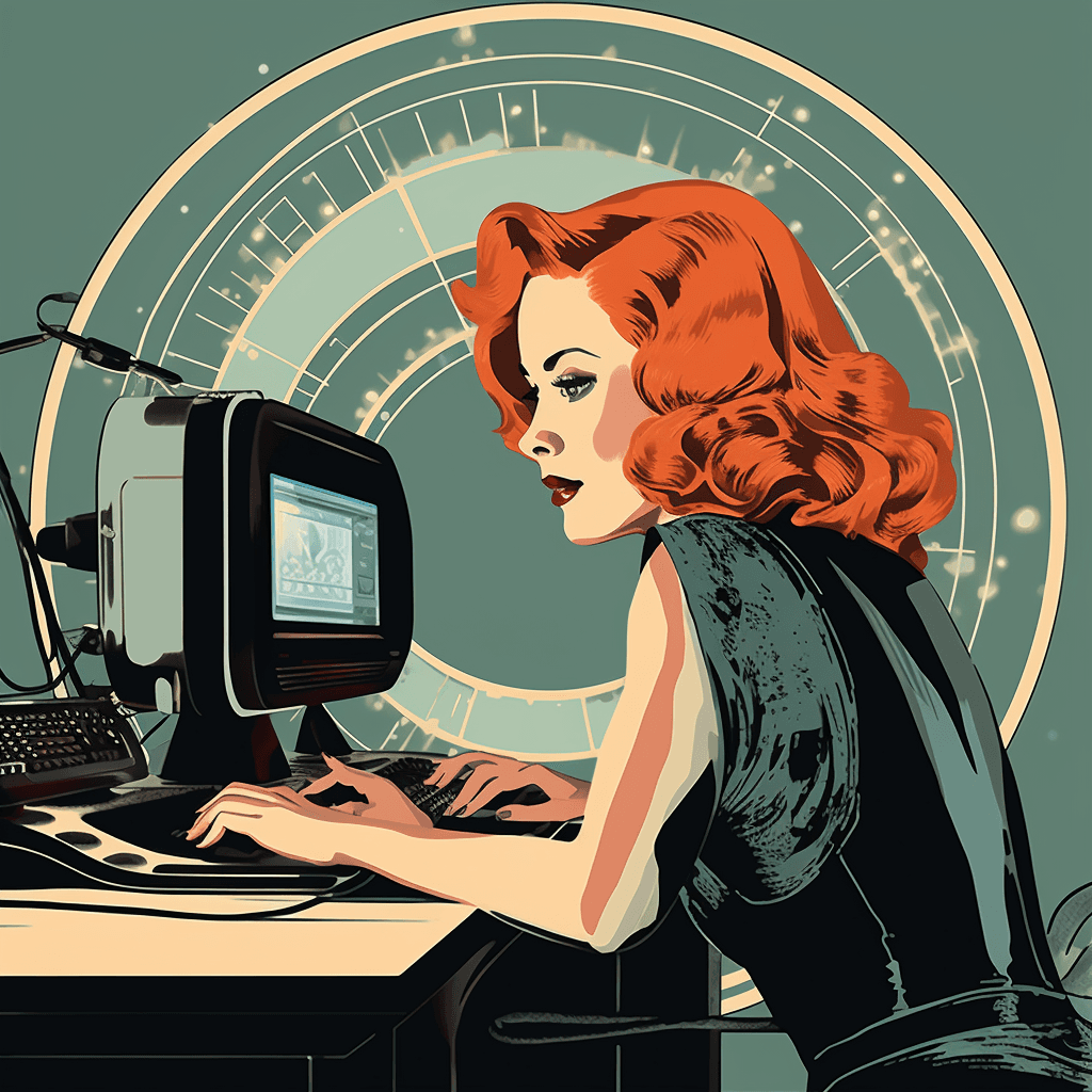 Image of woman with red hair seated in front of a computer in art deco style